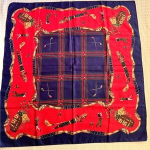 Vintage‎ Golf Print Red & Navy Plaid Scarf 32” Square Satiny Finish